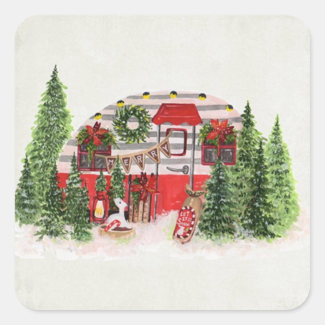 Weihnachts-Trailer-Campingplatz Outdoorsy-Thema Quadratischer Aufkleber (Vorderseite)