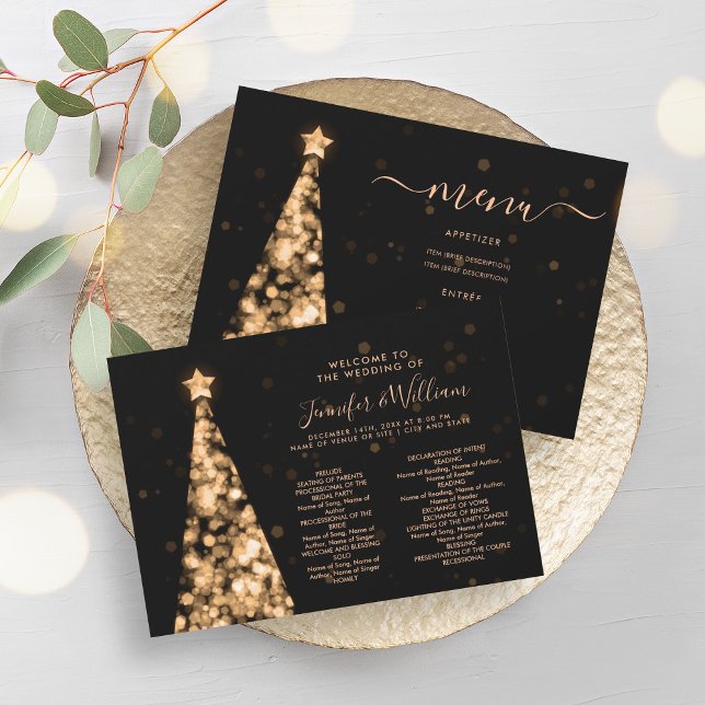 Weihnachts-Tree-Gold-Hochzeitsprogramm Einladung (Festive Xmas Tree Gold Wedding Menu Program)