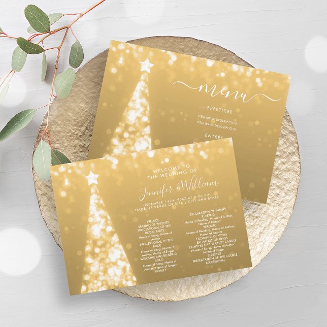 Weihnachts-Tree-Gold-Hochzeitsprogramm Einladung (Festive Xmas Tree Gold Wedding Menu Program)