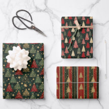 Weihnachts-TRIO-Bäume und Streifen Umschlagpapier