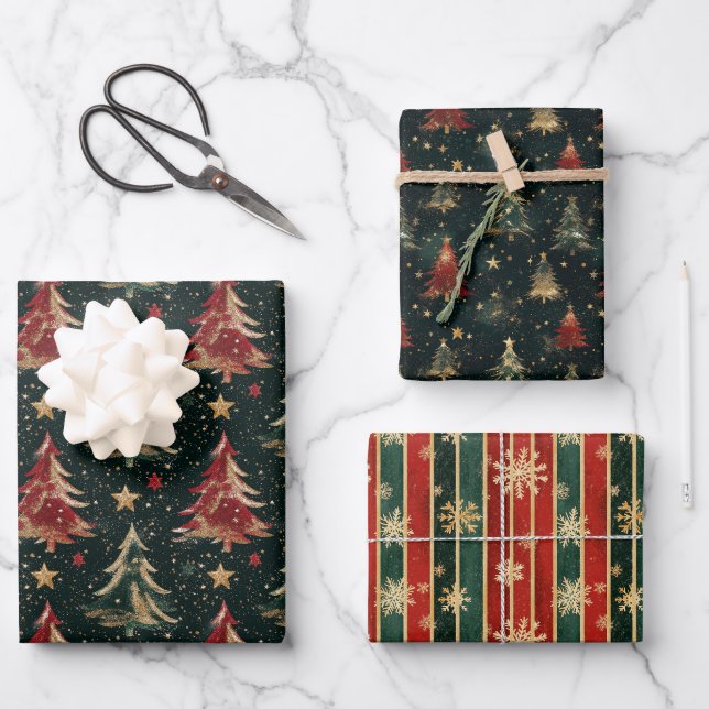 Weihnachts-TRIO-Bäume und Streifen Umschlagpapier Geschenkpapier Set (Vorderseite)