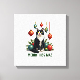 Weihnachts-Tuxedo-Katze mit festlichen Dekoratione Leinwanddruck