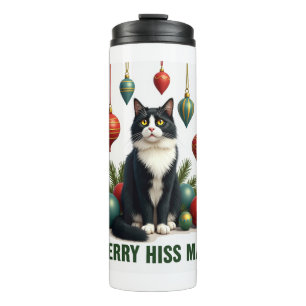Weihnachts-Tuxedo-Katze mit festlichen Dekoratione Thermosbecher