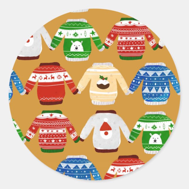 Weihnachts Ugly Sweater Gold Runder Aufkleber (Vorderseite)