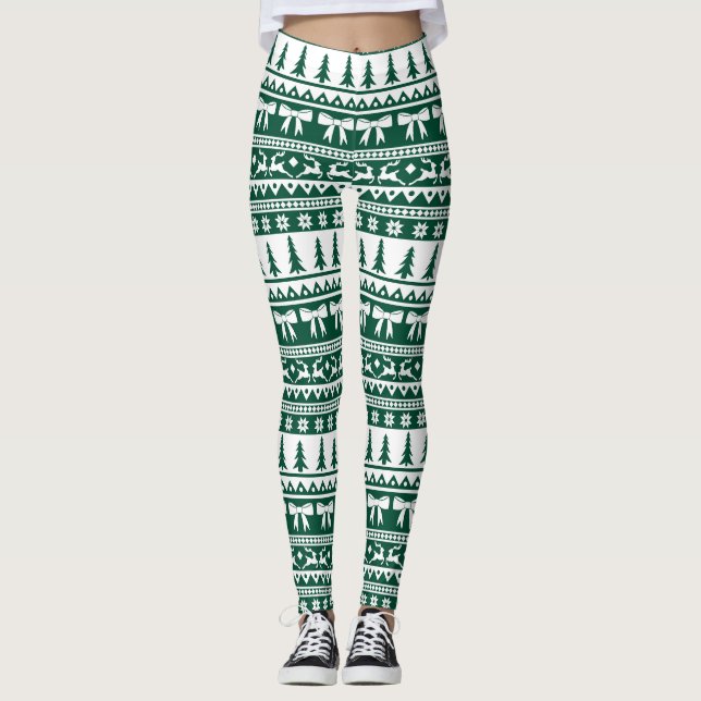 Weihnachts Ugly Sweater Strick Muster in Dunkelgrü Leggings (Vorderseite)