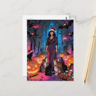 Weihnachts- und Halloween-Frau-Fledermäuse-Katzen Postkarte