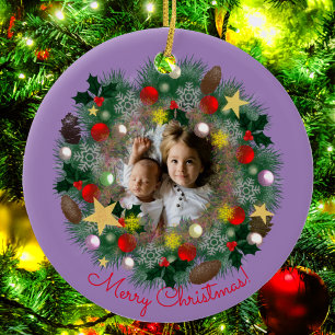 Weihnachts- und Neujahrsgrüße, Foto in einem Kranz Keramik Ornament