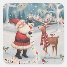 Weihnachts- und Rudolph-Schneeszene Quadratischer Aufkleber