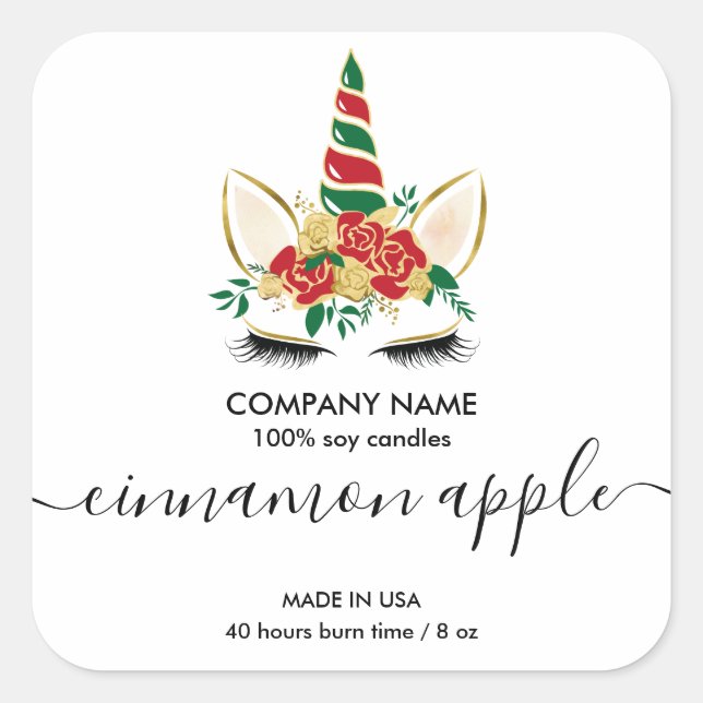 Weihnachts-Unicorn-Candle-Etikett Quadratischer Aufkleber (Vorderseite)
