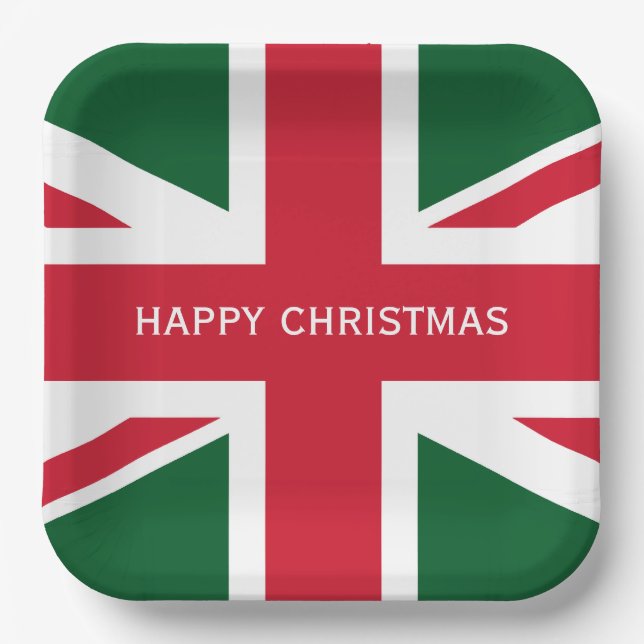 Weihnachts-Union-Jack ~ Rot, Grün und Weiß Pappteller (Vorderseite)