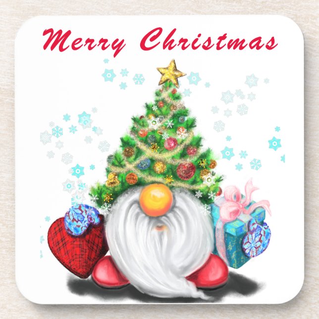 Weihnachts-Untersetzer-Gnome mit Geschenk für Sie Getränkeuntersetzer (Vorderseite)