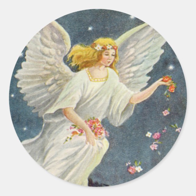 Weihnachts-Viktorianischer Engel mit Sternen Rose Runder Aufkleber (Vorderseite)
