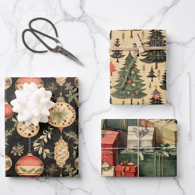Weihnachts-Vintag-Wrackpapier Geschenkpapier Set (Vorderseite)