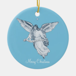 Weihnachts-Vintage-Engel mit Nachricht auf Hellbla Keramik Ornament