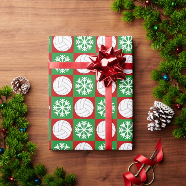 Weihnachts-Volleyball und Schneeflocken Rot und Gr Geschenkpapier (Feiertagsgeschenk)