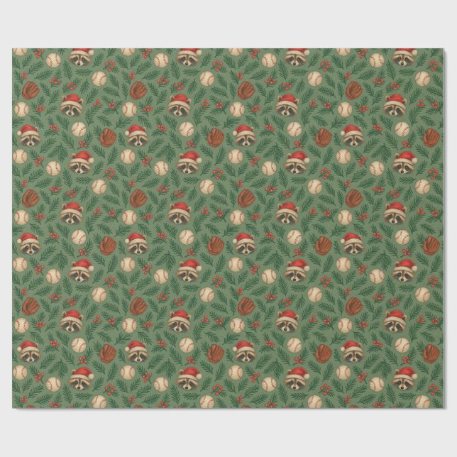 Weihnachts-Waschbär-Baseball-Geschenkpapier Geschenkpapier (Flach)