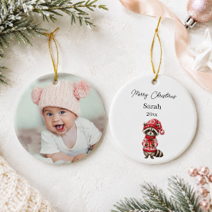 Weihnachts-Waschbär-Foto-Name-Baby Keramik Ornament