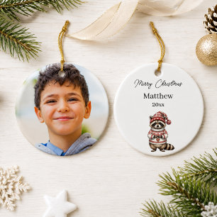 Weihnachts-Waschbär-Foto-Wasserfarbe-Name-Junge Keramik Ornament