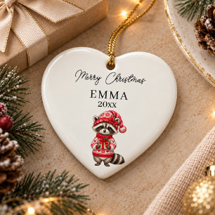 Weihnachts-Waschbär-Mädchen-Wasserfarben-Name-Herz Keramik Ornament