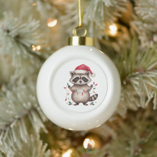 Weihnachts-Waschbär-Santa-Hut-Weihnachtsbeleuchtun Keramik Kugel-Ornament