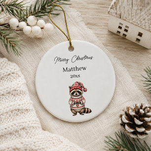 Weihnachts-Waschbär-Wasserfarben-Name Keramik Ornament