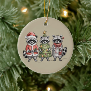 Weihnachts-Waschbären-Wald-Trio Santa-Baum-Tier Keramik Ornament