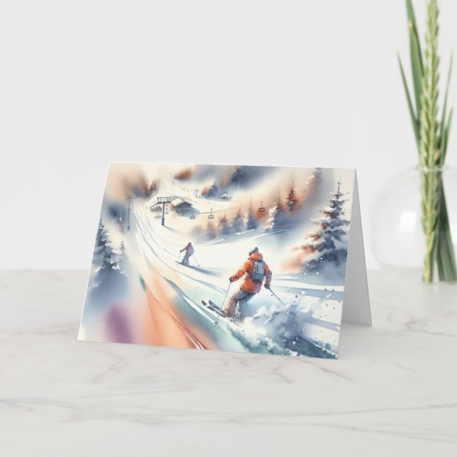 Weihnachts Wasserfarbe Downhill Skiers Karte (Vorderseite)