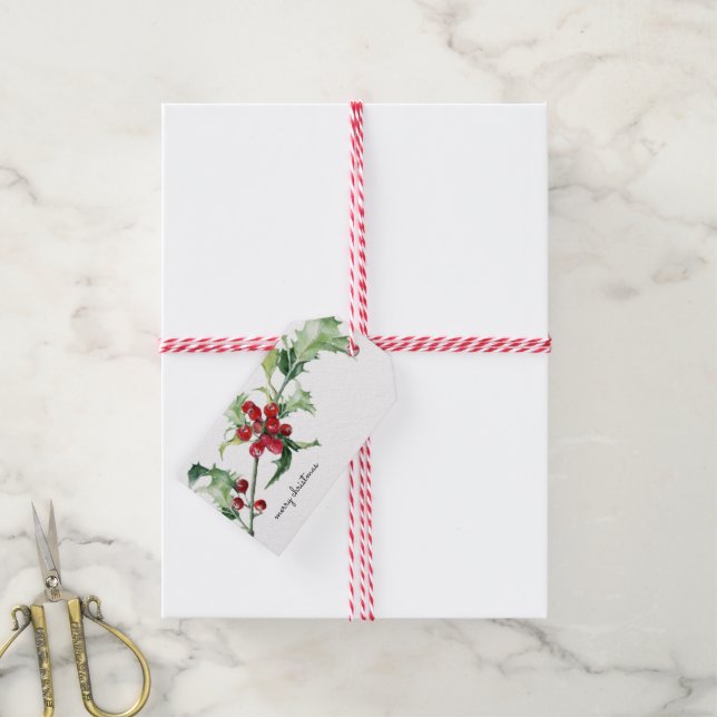 Weihnachts Wasserfarbe Holly Berries Scripte Geschenkanhänger (Mit Garn)