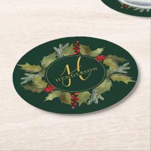 Weihnachts-Wasserfarbe-Monogramm-Schrift Lorbeerkr Runder Pappuntersetzer