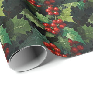 Weihnachts-Wasserfarbe Stechpalmen-Beeren-Blätter Geschenkpapier