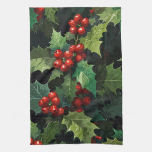 Weihnachts-Wasserfarbe Stechpalmen-Beeren-Blätter  Geschirrtuch