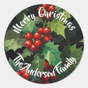 Weihnachts-Wasserfarbe Stechpalmen-Beeren-Blätter Runder Aufkleber