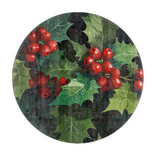 Weihnachts-Wasserfarbe Stechpalmen-Beeren-Blätter Schneidebrett