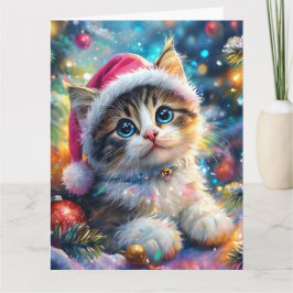 Weihnachts Wasserfarbe Sweet Kitten in Pink Hat Karte