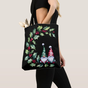 Weihnachts-Wasserfarben-Gnome auf einem Stechpalme Tasche