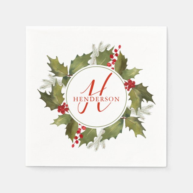 Weihnachts-Wasserfarben-Monogramm-Skript Holly Wre Serviette (Vorderseite)