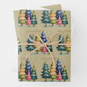 Weihnachts-Watercolor-Weihnachtsbäume Rosa Baum  Geschenkpapier Set