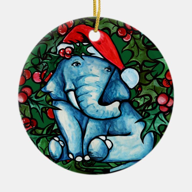 Weihnachts-Weihnachten Elephant mit Holly Keramik Ornament (Vorne)