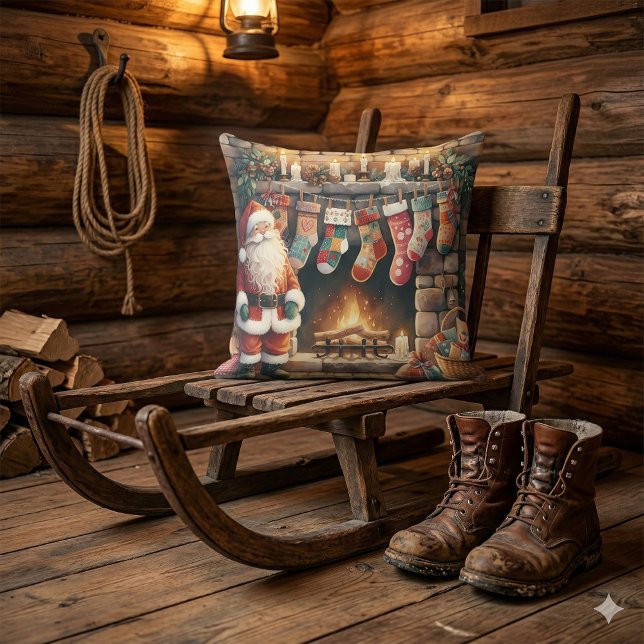 Weihnachts-Weihnachts-Strümpfe am Feuerplatz Kissen (Santa by Fireplace Christmas Stockings Throw Pillow Mockup C)