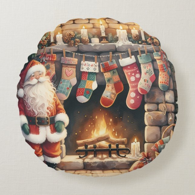 Weihnachts-Weihnachts-Strümpfe am Feuerplatz Rundes Kissen (Vorderseite)