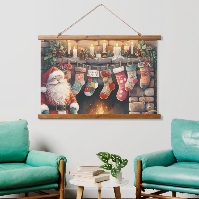 Weihnachts-Weihnachts-Strümpfe am Feuerplatz Wandteppich Mit Holzrahmen (Wohnzimmer)