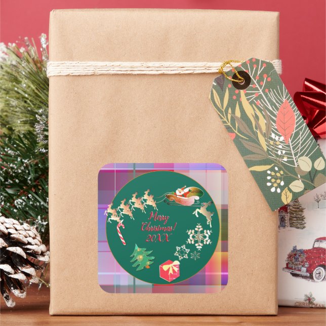 Weihnachts-Weihnachtsaufkleber für das Karierte Re Quadratischer Aufkleber (Feiertag)