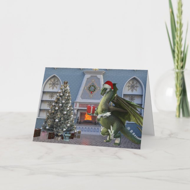 Weihnachts-Weihnachtsdrachenbaum-Feuerplatz-Szene- Karte (Vorderseite)
