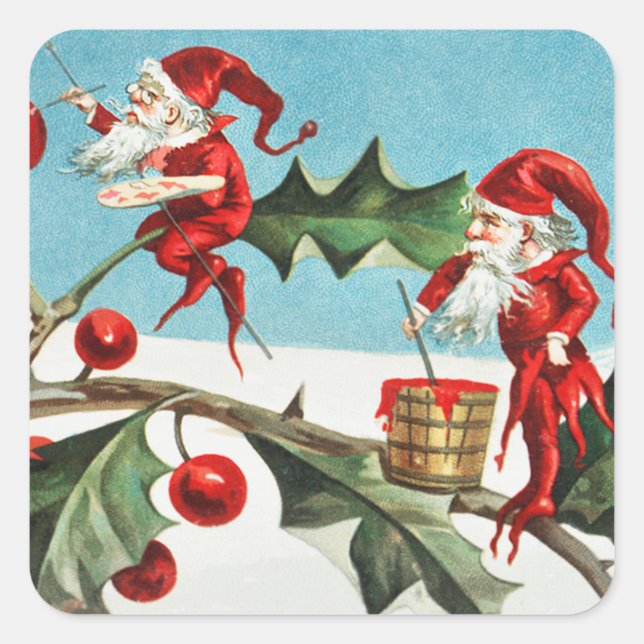 Weihnachts-Weihnachtselfen Malerei Berries auf Blä Quadratischer Aufkleber (Vorderseite)