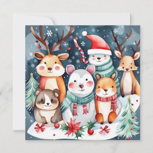 Weihnachts-Weihnachtsfeiertage - niedliche Tiere Einladung (Vorderseite)