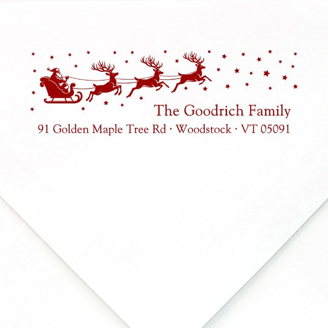 Weihnachts-Weihnachtsfest in Sleigh Weihnachten Rü Permastempel (Elegant, festive Santa's reindeer sleigh and stars Christmas self-inking return address stamp.)