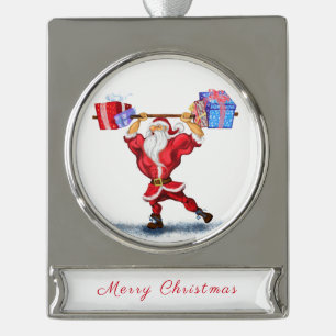 Weihnachts-Weihnachtsgeschenk Bodybuilder Santa Banner-Ornament Silber