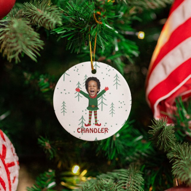Weihnachts-Weihnachtsgeschenk für Kinder und Name  Keramik Ornament (Custom Elf Photo Kid Christmas Funny Personalized Ornament)
