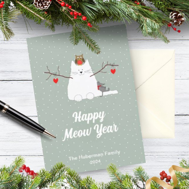 Weihnachts-Weihnachtskarte "Happy Meow Year" Feiertagskarte (A beautifully illustrated Christmas card with a snowcat, an owl and a sleeping mouse.)
