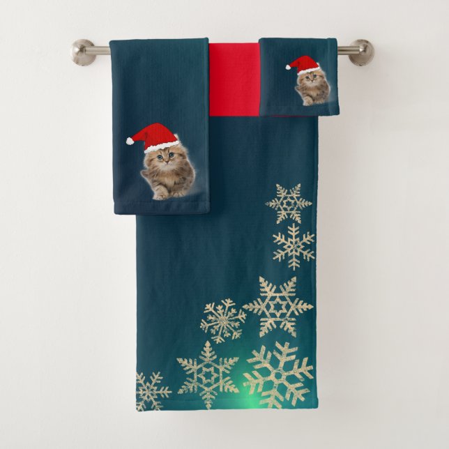 Weihnachts-Weihnachtskatze-Weihnachtsmannmütze, Sc Badhandtuch Set (Insitu)